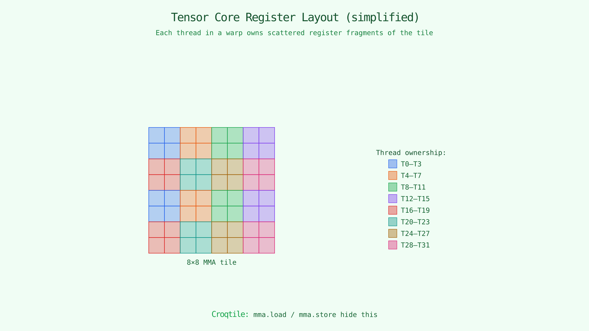 GPU tensor core register layout: threads own scattered fragments of the tile